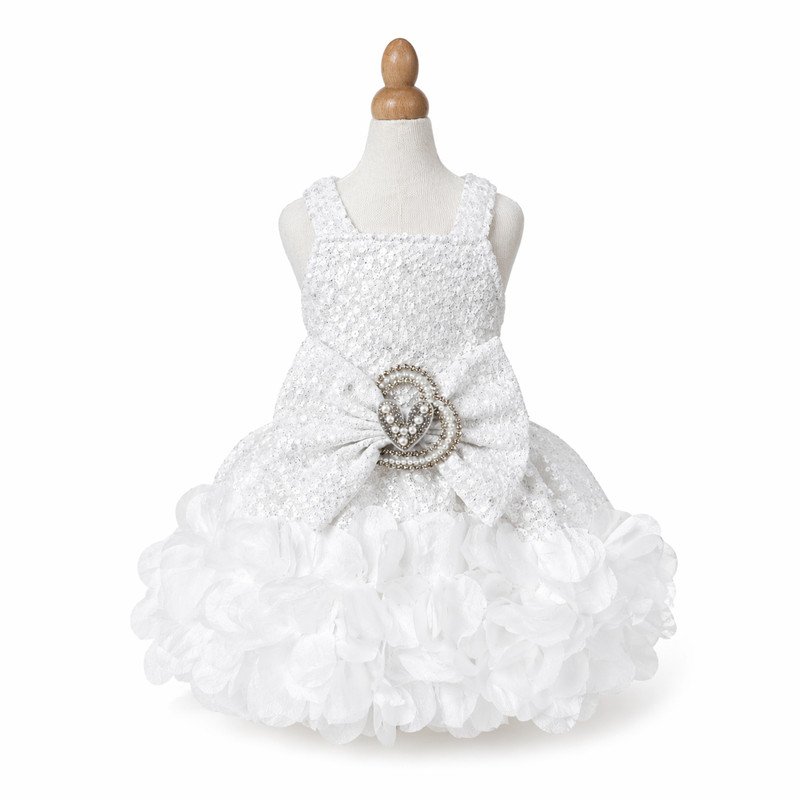 sleeveless-sequin-dog-dress-full-ruffled-adc-owh-m-1-01 White Sequin Dog Dress, Ruffle Pet Gown with Pearl Heart Bow, Wedding Dog Outfit, Special Occasion Puppy Dress, Dog Birthday Gift
