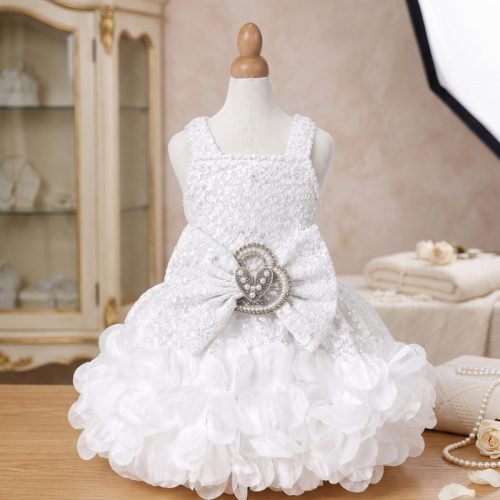 White Sequin Dog Dress, Ruffle Pet Gown with Pearl Heart Bow, Wedding Dog Outfit, Special Occasion Puppy Dress, Dog Birthday Gift