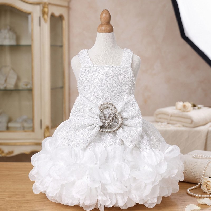 White Sequin Dog Dress, Ruffle Pet Gown with Pearl Heart Bow, Wedding Dog Outfit, Special Occasion Puppy Dress, Dog Birthday Gift