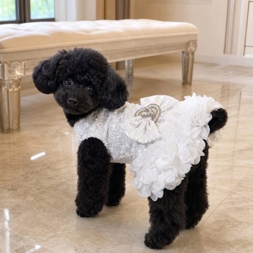 White Sequin Dog Dress, Ruffle Pet Gown with Pearl Heart Bow, Wedding Dog Outfit, Special Occasion Puppy Dress, Dog Birthday Gift