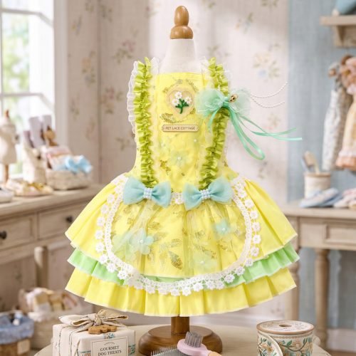 Yellow Pet Dress with Daisy Heart Applique, Mint Bow Tutu Skirt, Dog Cat Party Outfit, Special Occasion Gift for Pets
