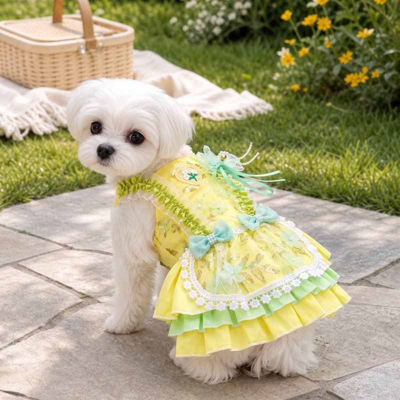 Yellow Pet Dress with Daisy Heart Applique, Mint Bow Tutu Skirt, Dog Cat Party Outfit, Special Occasion Gift for Pets