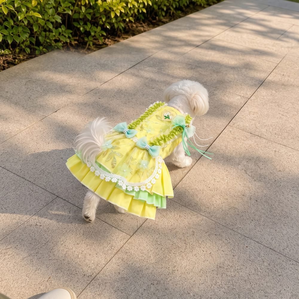 Yellow Pet Dress with Daisy Heart Applique, Mint Bow Tutu Skirt, Dog Cat Party Outfit, Special Occasion Gift for Pets