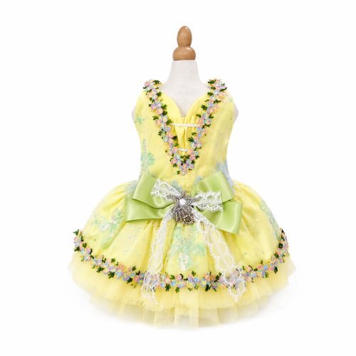 Yellow Dog Dress with Floral Lace Trim, Pastel Flower Embroidery, Sage Green Bow, Pet Party Dress, Dog Birthday Outfit, Gift for Dog