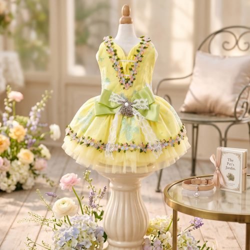 Yellow Dog Dress with Floral Lace Trim, Pastel Flower Embroidery, Sage Green Bow, Pet Party Dress, Dog Birthday Outfit, Gift for Dog