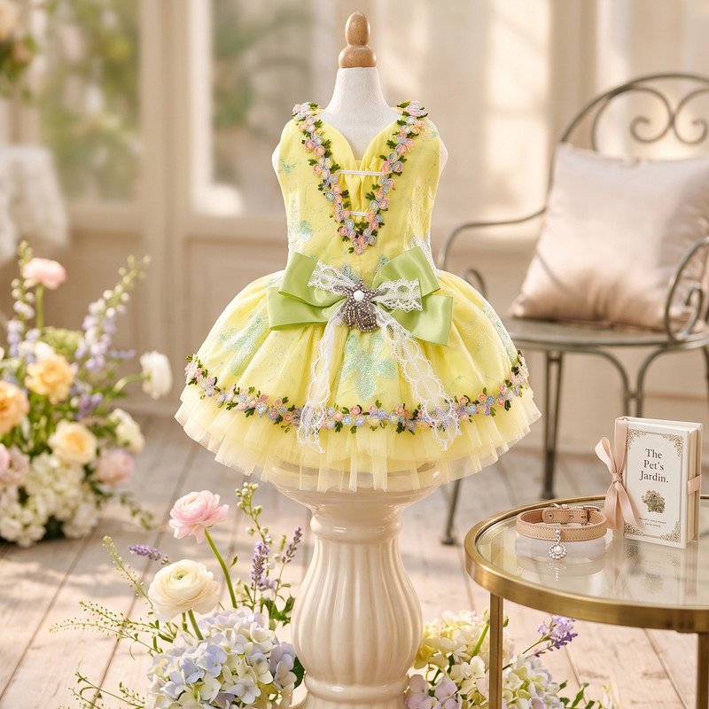 Yellow Dog Dress with Floral Lace Trim, Pastel Flower Embroidery, Sage Green Bow, Pet Party Dress, Dog Birthday Outfit, Gift for Dog