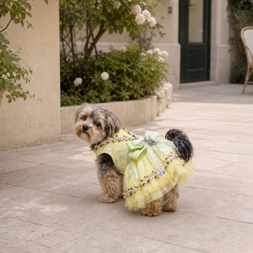 Yellow Dog Dress with Floral Lace Trim, Pastel Flower Embroidery, Sage Green Bow, Pet Party Dress, Dog Birthday Outfit, Gift for Dog