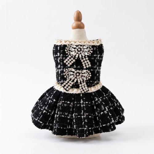 Tweed Dog Dress with Crystal Bow Appliques, Black and White Boucle Pet Dress, Chanel Inspired Puppy Outfit, Dog Birthday Gift