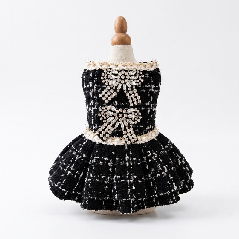 sleeveless-tweed-dress-designed-comfort-fitted-adc-obk-m-1-01 Tweed Dog Dress with Crystal Bow Appliques, Black and White Boucle Pet Dress, Chanel Inspired Puppy Outfit, Dog Birthday Gift