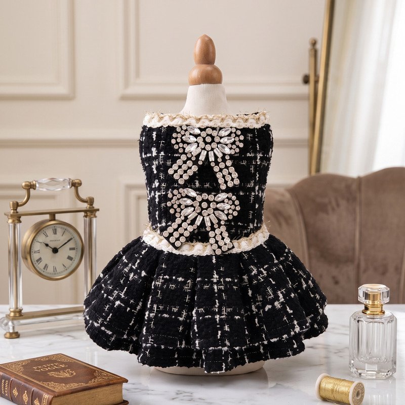 Tweed Dog Dress with Crystal Bow Appliques, Black and White Boucle Pet Dress, Chanel Inspired Puppy Outfit, Dog Birthday Gift
