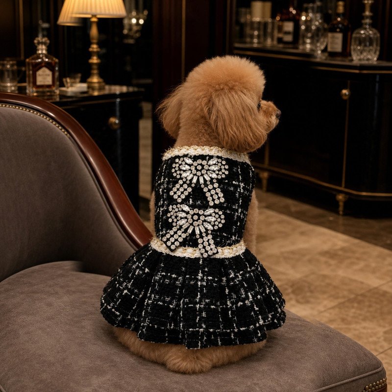 Tweed Dog Dress with Crystal Bow Appliques, Black and White Boucle Pet Dress, Chanel Inspired Puppy Outfit, Dog Birthday Gift