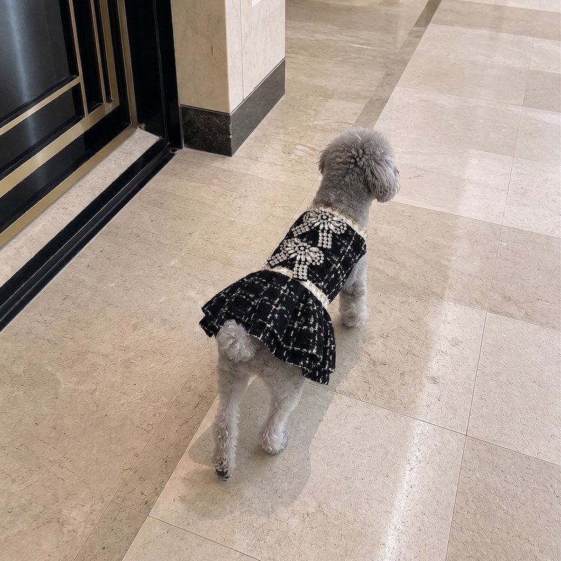 Tweed Dog Dress with Crystal Bow Appliques, Black and White Boucle Pet Dress, Chanel Inspired Puppy Outfit, Dog Birthday Gift
