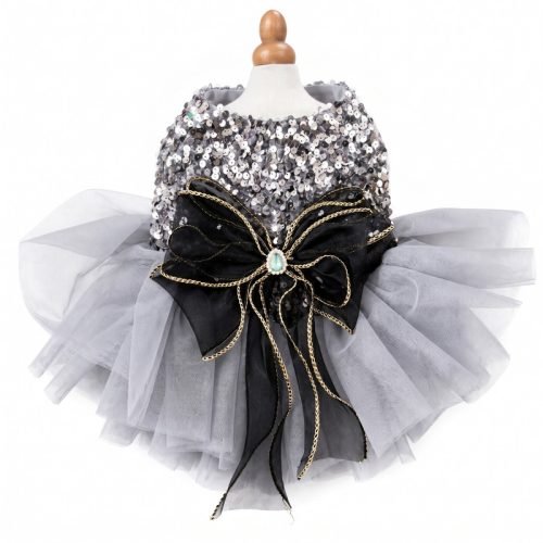 Silver Sequin Dog Dress with Black Bow, Tulle Tutu Pet Party Dress, Sparkly Dog Birthday Outfit, Gift for Dog Mom
