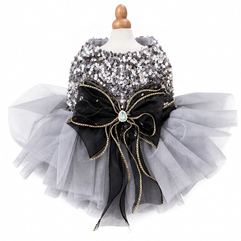 sparkly-sequin-bodice-dog-dress-full-adc-osv-m-1-01 Silver Sequin Dog Dress with Black Bow, Tulle Tutu Pet Party Dress, Sparkly Dog Birthday Outfit, Gift for Dog Mom
