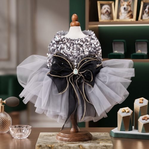 Silver Sequin Dog Dress with Black Bow, Tulle Tutu Pet Party Dress, Sparkly Dog Birthday Outfit, Gift for Dog Mom