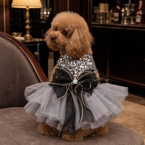 Silver Sequin Dog Dress with Black Bow, Tulle Tutu Pet Party Dress, Sparkly Dog Birthday Outfit, Gift for Dog Mom