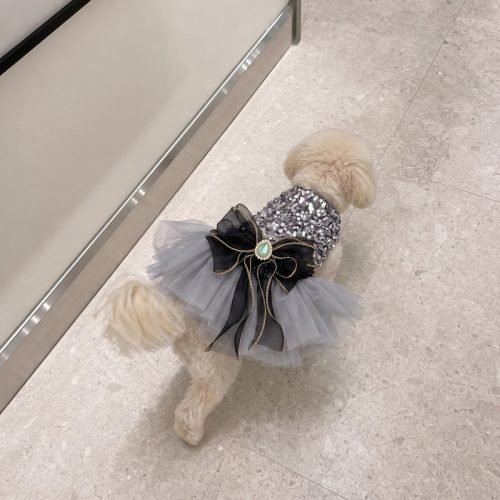 Silver Sequin Dog Dress with Black Bow, Tulle Tutu Pet Party Dress, Sparkly Dog Birthday Outfit, Gift for Dog Mom