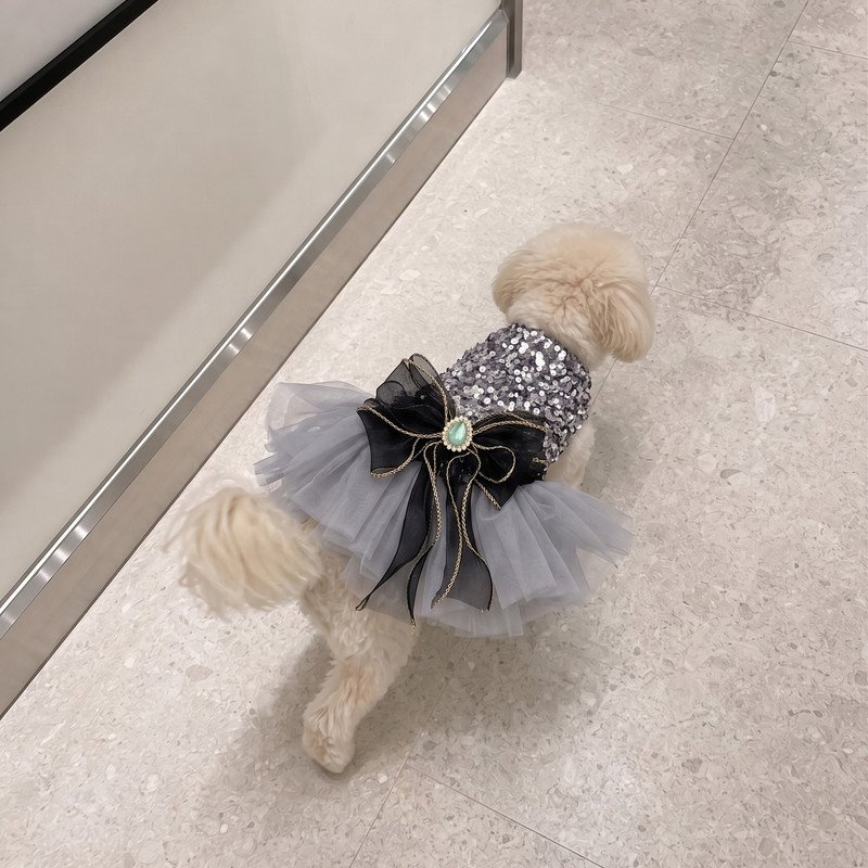 Silver Sequin Dog Dress with Black Bow, Tulle Tutu Pet Party Dress, Sparkly Dog Birthday Outfit, Gift for Dog Mom