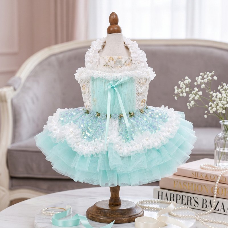 Mint Sequin Tutu Dog Dress, Pearl Lace Pet Gown, Sparkly Tulle Dog Outfit for Birthday Photos, Fancy Puppy Dress Gift
