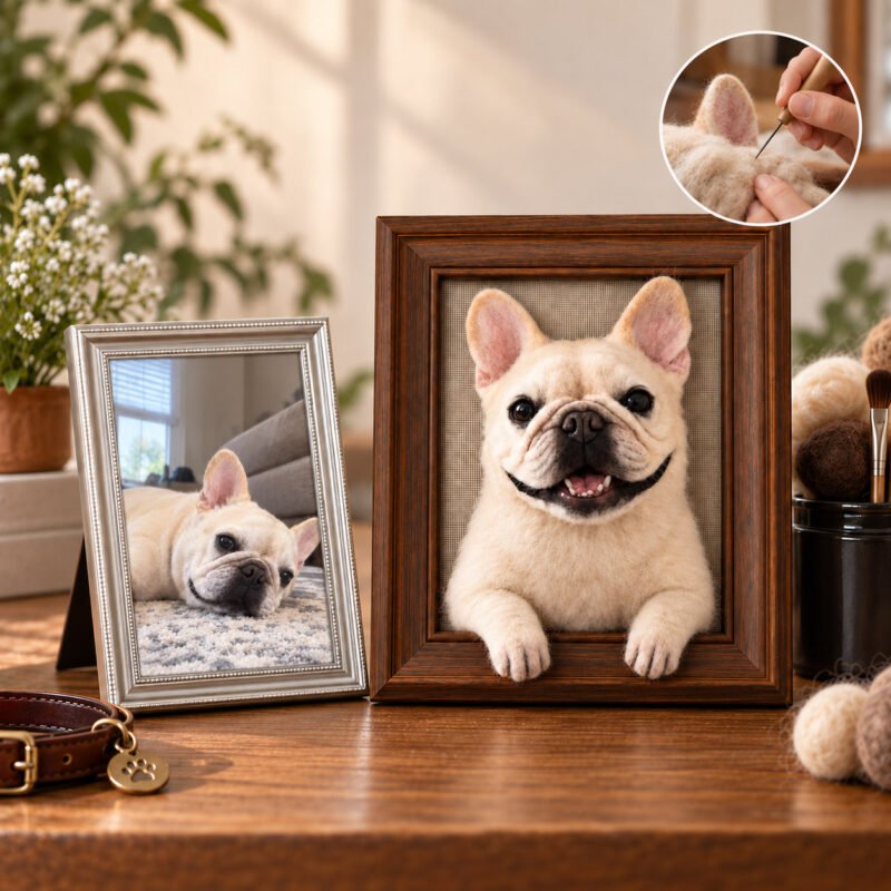 custom-pet-body-portrait-00 Custom Framed Pet Half Body Portrait, Needle Felted Wool Sculpture, Memorial Keepsake