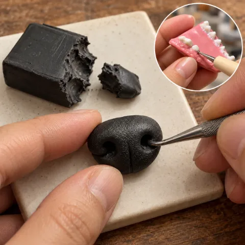 Hands sculpting a dog nose and mouth