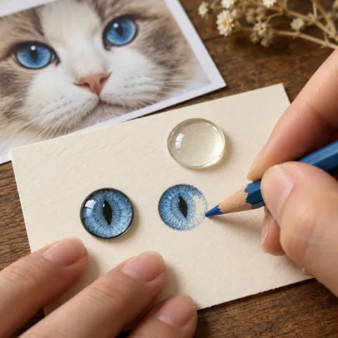 Hands drawing a cat eye beside the reference photo