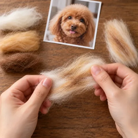 Hands blending wool colors beside a reference photo