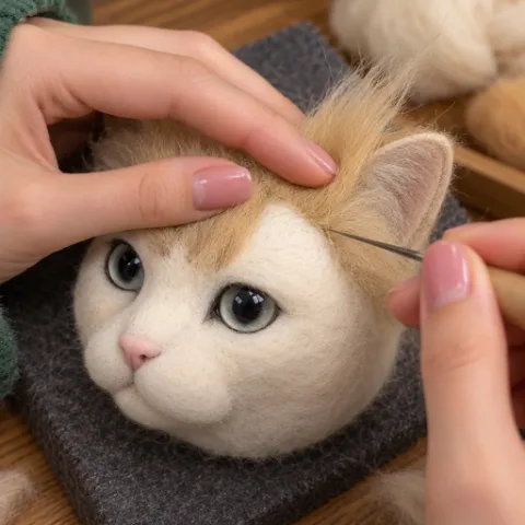 Needling fur onto a felted cat face